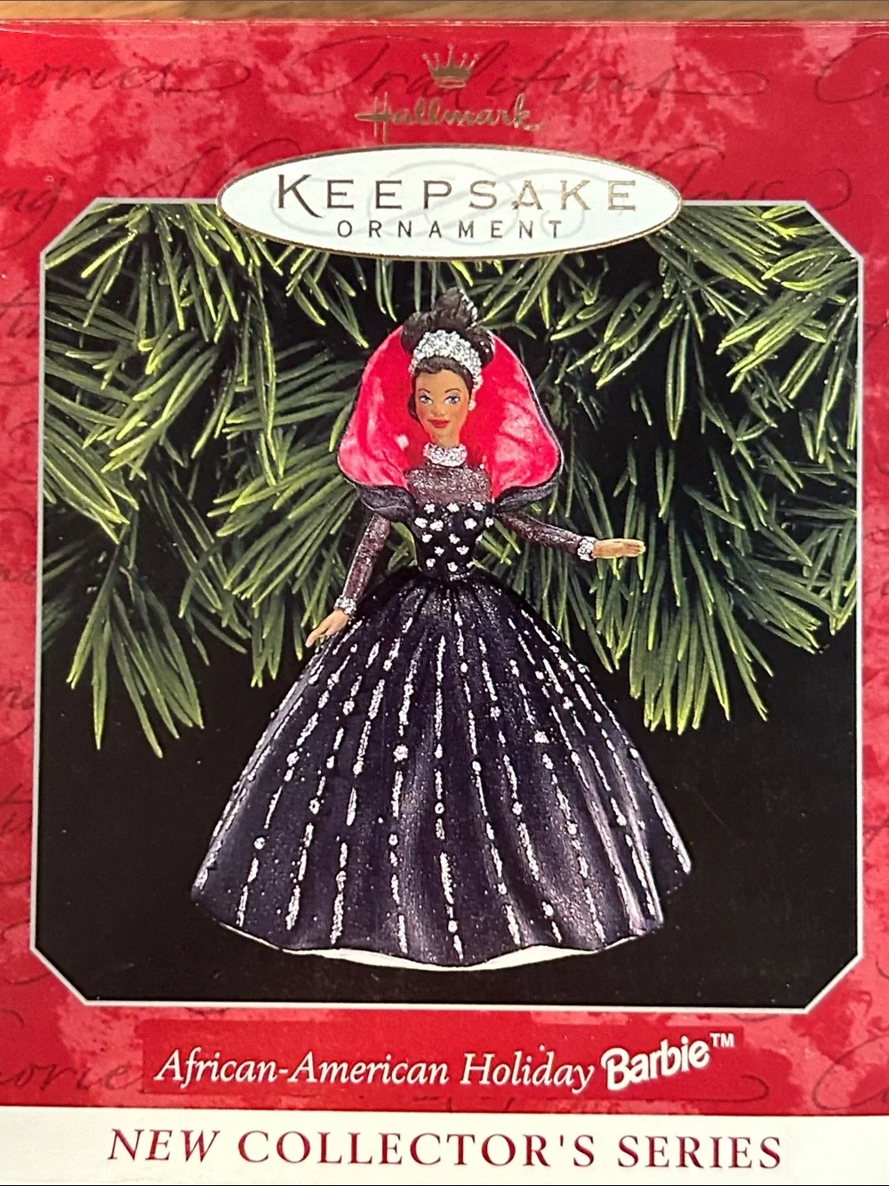 1998 Hallmark Black Gown Ornament with Bright Pink Shawl